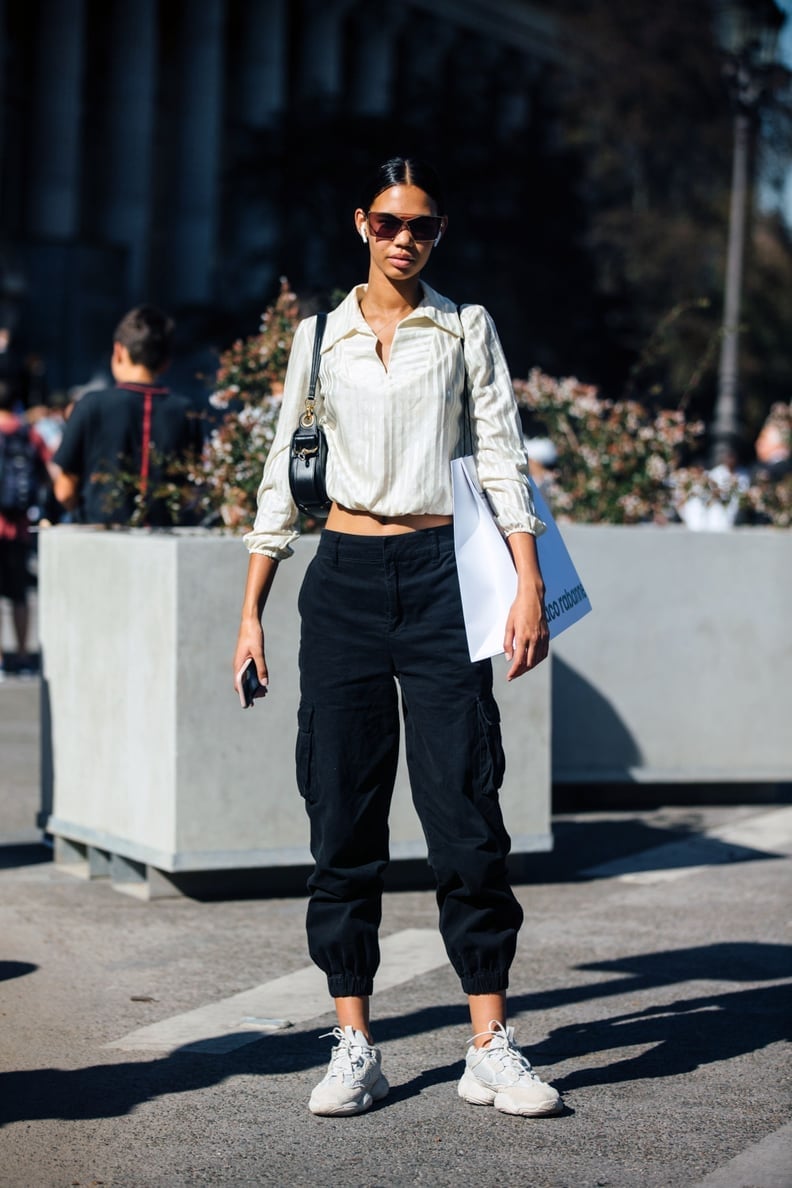 Black Cargo Pants with Striped Shirt Black Cargo Pants with Striped Shirt — Trendy Black Trousers Outfit