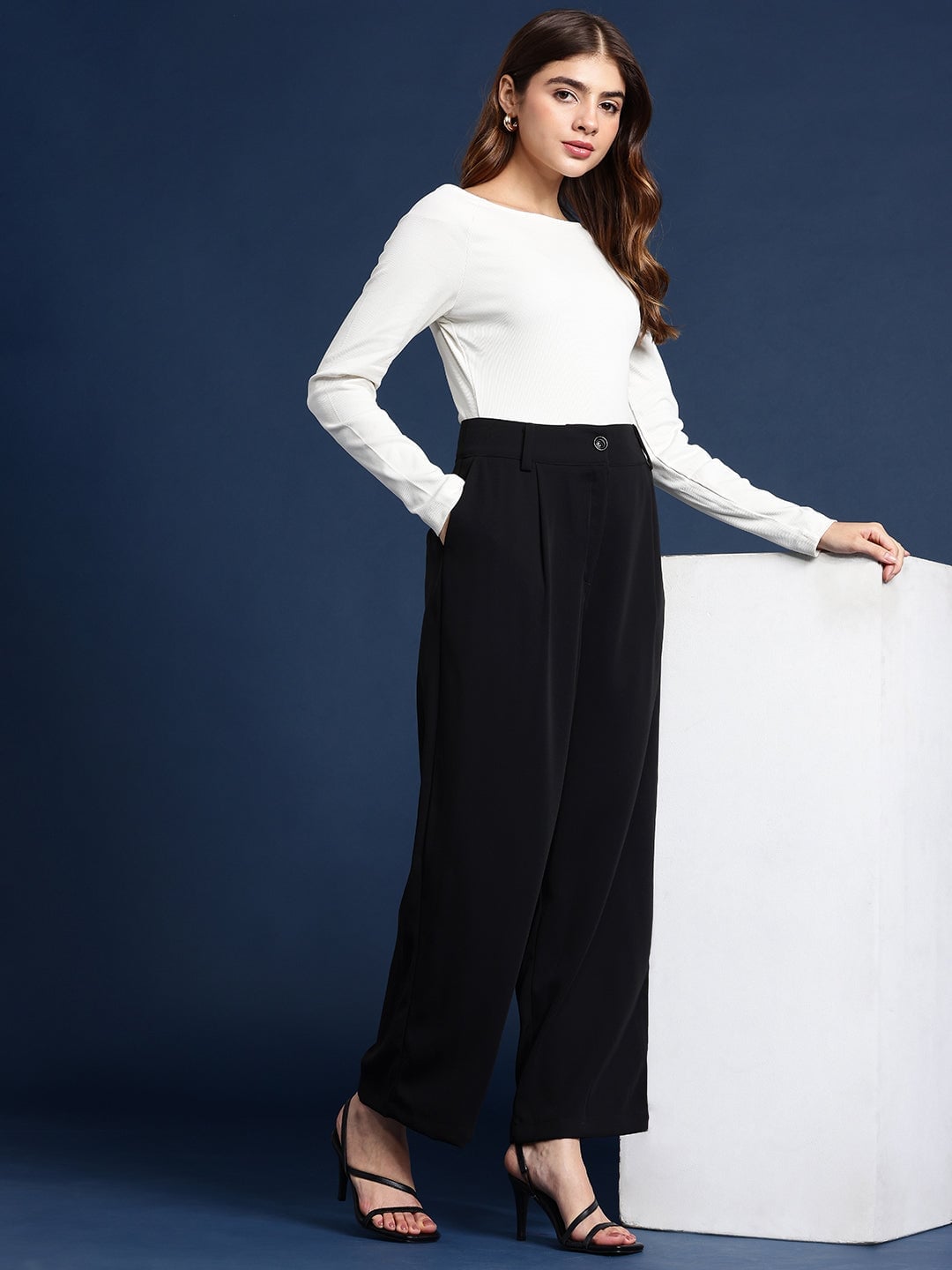 High Waist Wide Leg Black Trousers with Ribbed Top High Waist Wide Leg Black Trousers with Ribbed Top — Trendy Black Trousers Outfit