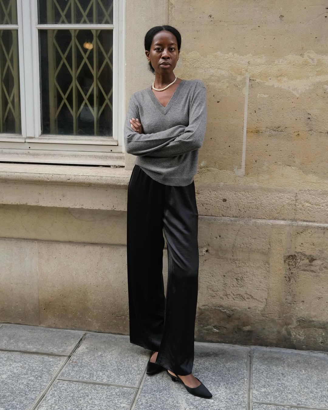 Wide Leg Black Satin Trousers with Grey Sweater Wide Leg Black Satin Trousers with Grey Sweater — Trendy Black Trousers Outfit