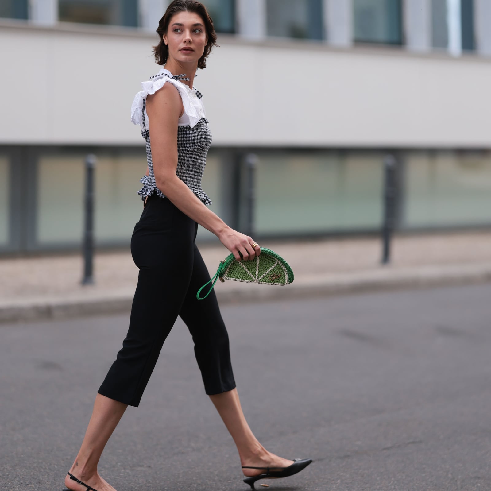 Black Cropped Trousers with Gingham Smock Top Black Cropped Trousers with Gingham Smock Top — Trendy Black Trousers Outfit