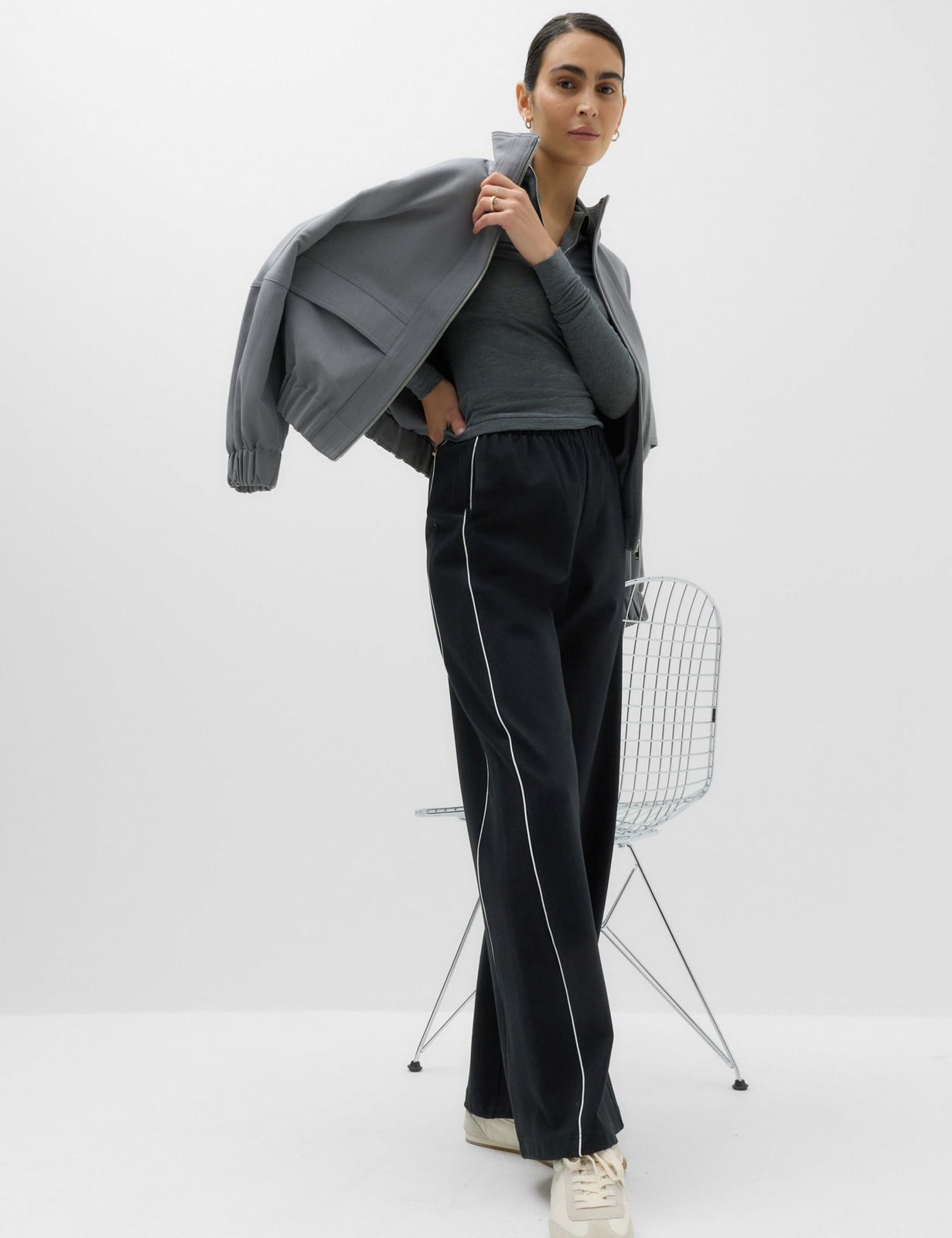 Black Wide Leg Trousers with Side Stripe and Bomber Jacket Black Wide Leg Trousers with Side Stripe and Bomber Jacket — Trendy Black Trousers Outfit