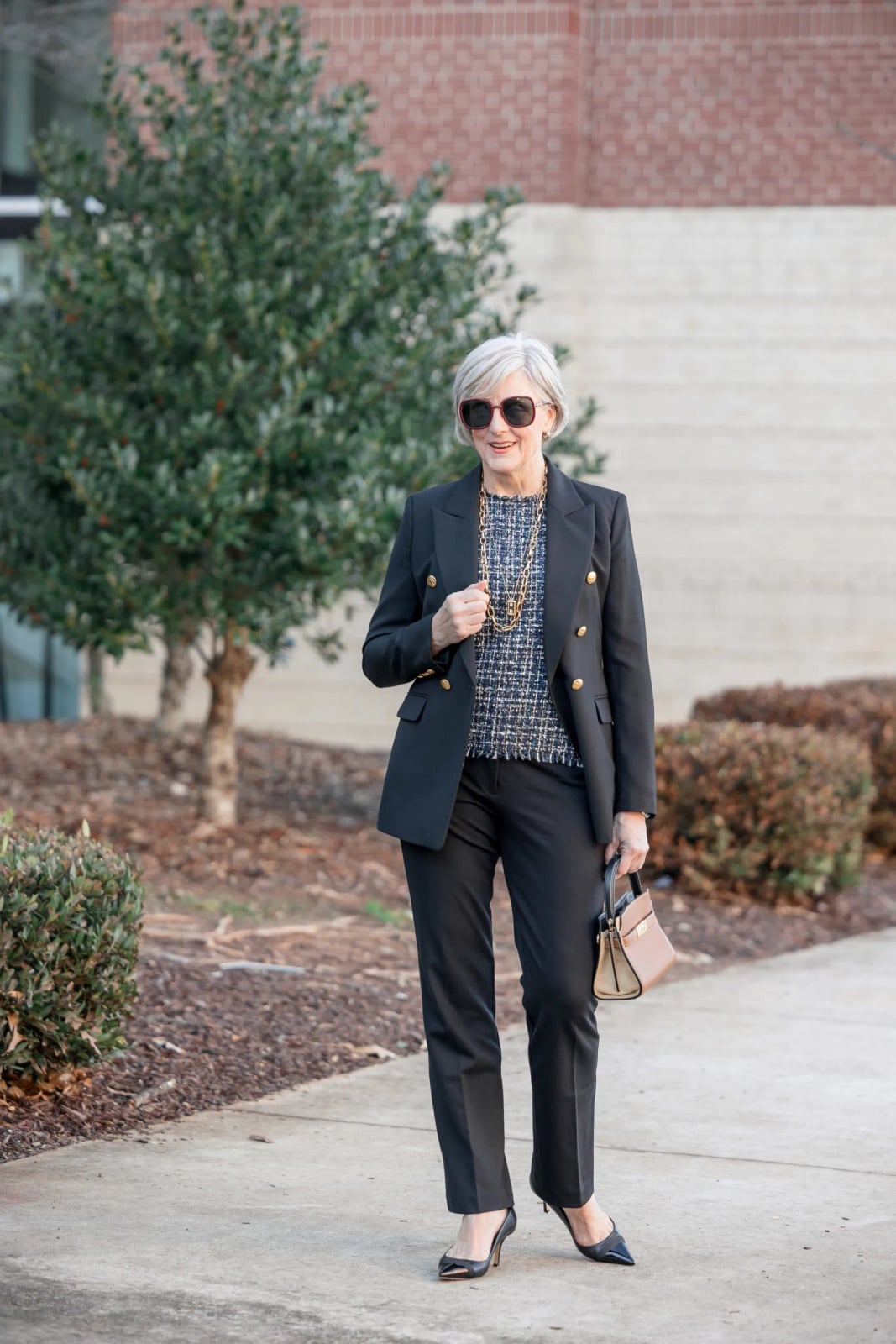 Black Straight Leg Trousers with Gold Button Blazer Black Straight Leg Trousers with Gold Button Blazer — Trendy Black Trousers Outfit