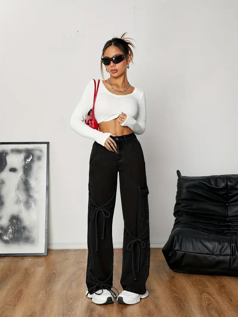 Black Wide Leg Cargo Trousers with Tie Detail Black Wide Leg Cargo Trousers with Tie Detail — Trendy Black Trousers Outfit