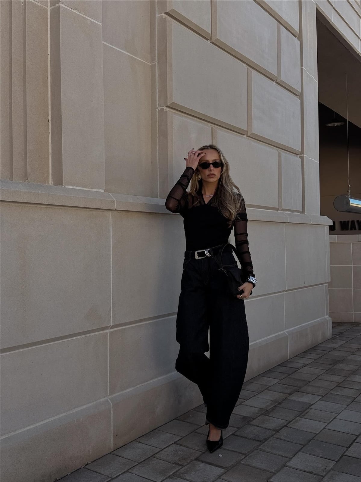Textured Black Wide Leg Trousers with Sheer Top Textured Black Wide Leg Trousers with Sheer Top — Trendy Black Trousers Outfit