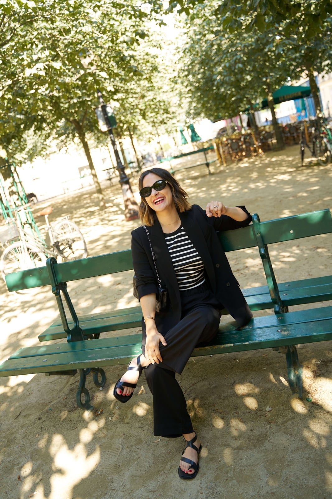Black Wide Leg Trousers with Striped T-Shirt and Blazer Black Wide Leg Trousers with Striped T-Shirt and Blazer — Trendy Black Trousers Outfit