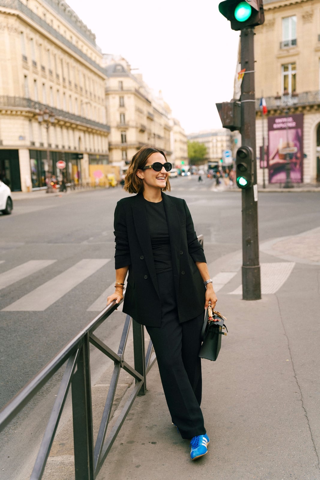 Black Wide Leg Trousers with Bright Blue Sneakers Black Wide Leg Trousers with Bright Blue Sneakers — Trendy Black Trousers Outfit