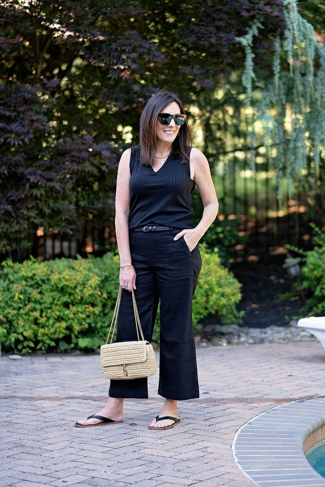 Black Wide Leg Cropped Trousers with Straw Bag Black Wide Leg Cropped Trousers with Straw Bag — Trendy Black Trousers Outfit