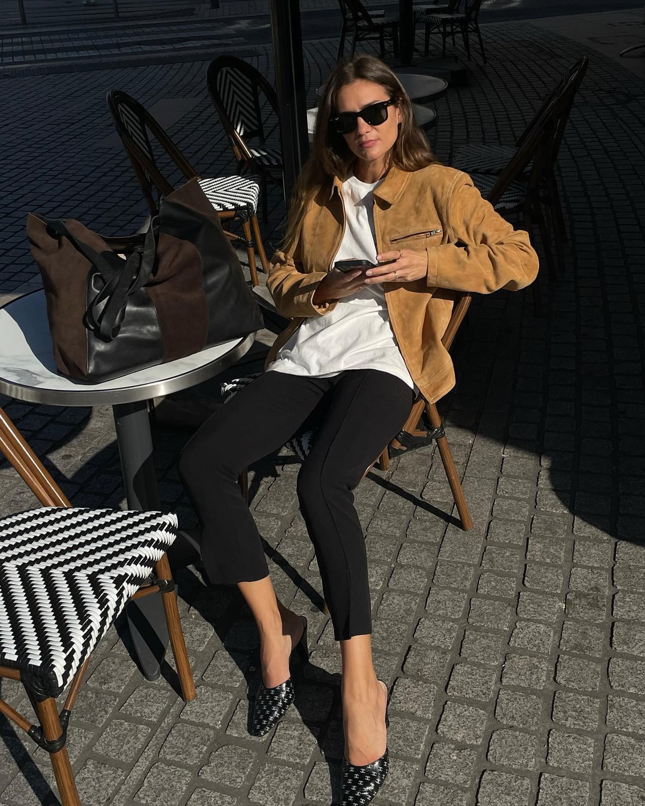 Black Cropped Trousers with Tan Suede Jacket Black Cropped Trousers with Tan Suede Jacket — Trendy Black Trousers Outfit