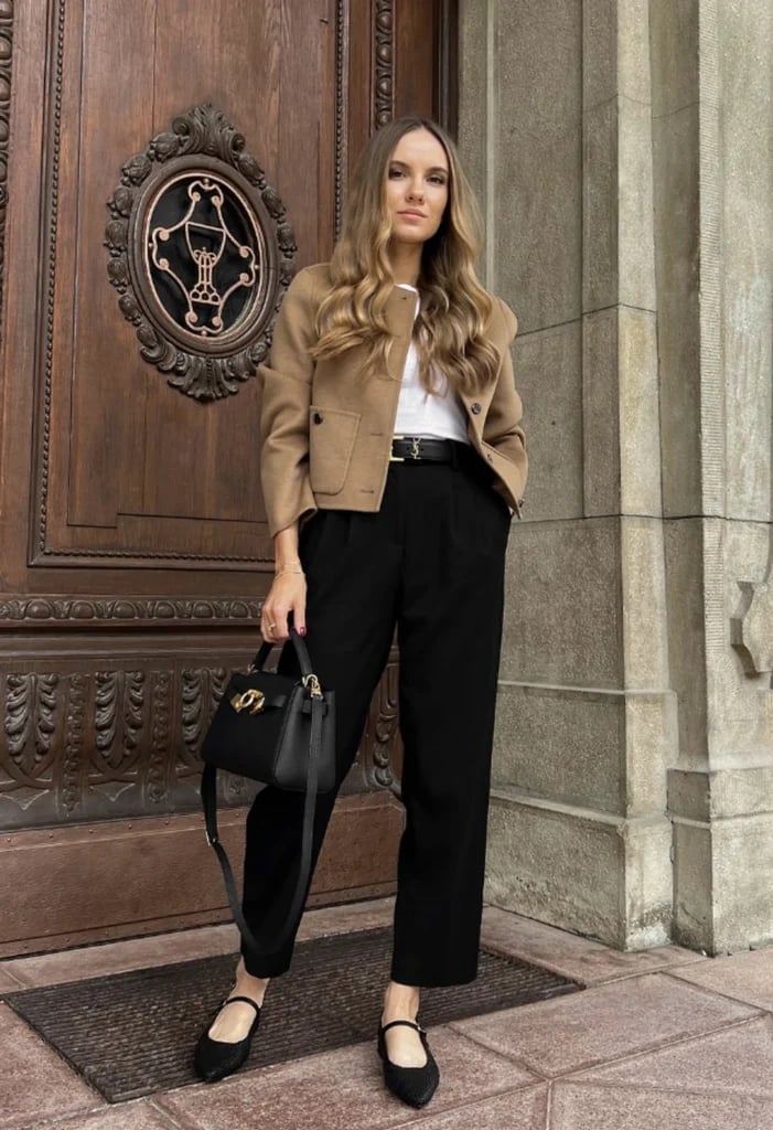 Black Straight Leg Trousers with Camel Cropped Jacket Black Straight Leg Trousers with Camel Cropped Jacket — Trendy Black Trousers Outfit