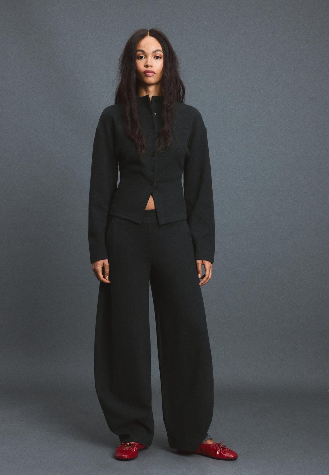 Black Textured Knit Wide Leg Trousers with Matching Jacket Black Textured Knit Wide Leg Trousers with Matching Jacket — Trendy Black Trousers Outfit