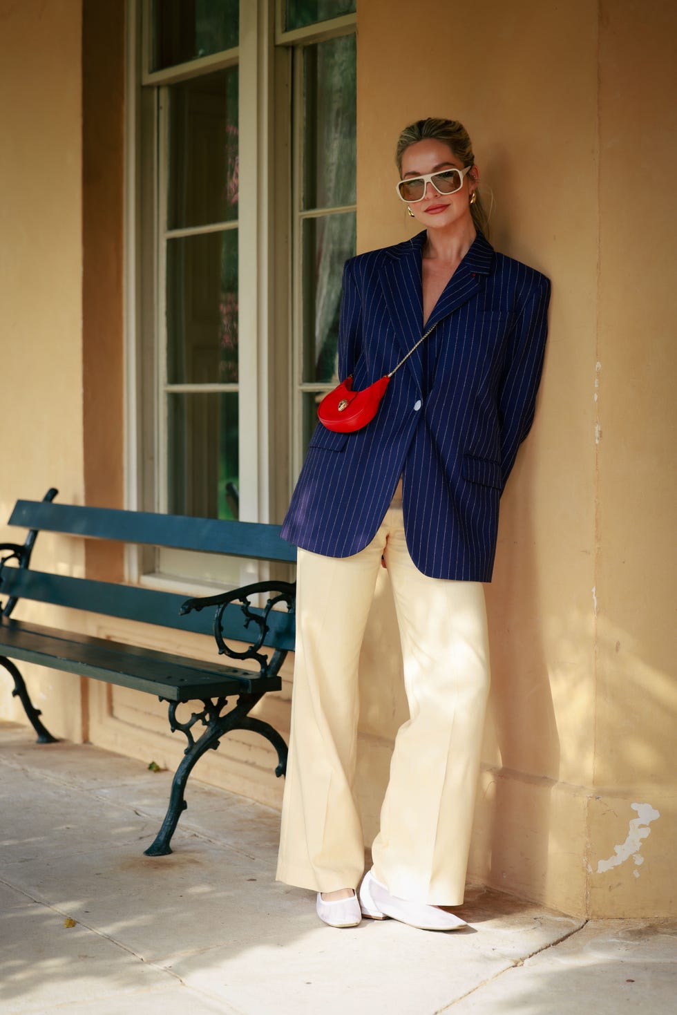 Navy Pinstripe Oversized Blazer with Cream Wide-Leg Trousers — Trendy Blazer Outfits