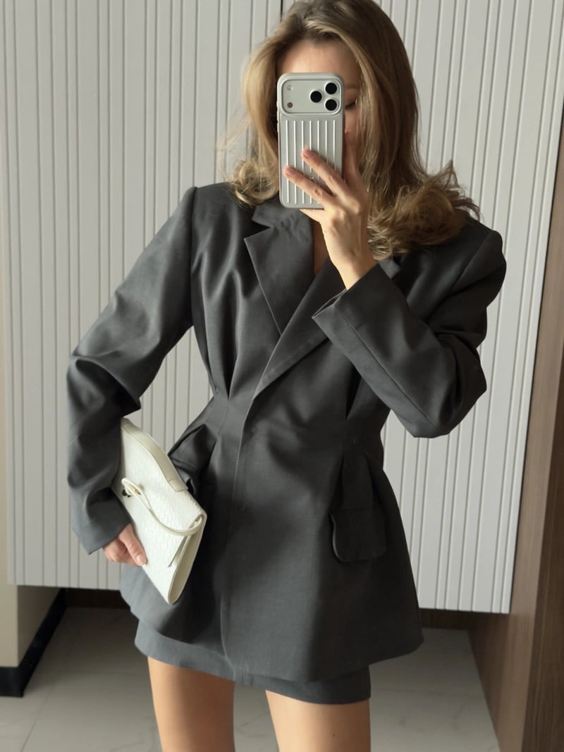 Dark Grey Oversized Blazer with Cinched Waist and Mini Skirt — Trendy Blazer Outfits