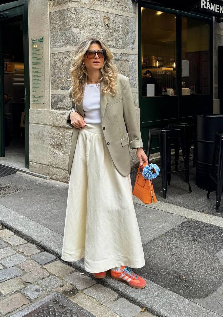 Beige Oversized Blazer with Maxi Skirt and Orange Sneakers — Trendy Blazer Outfits