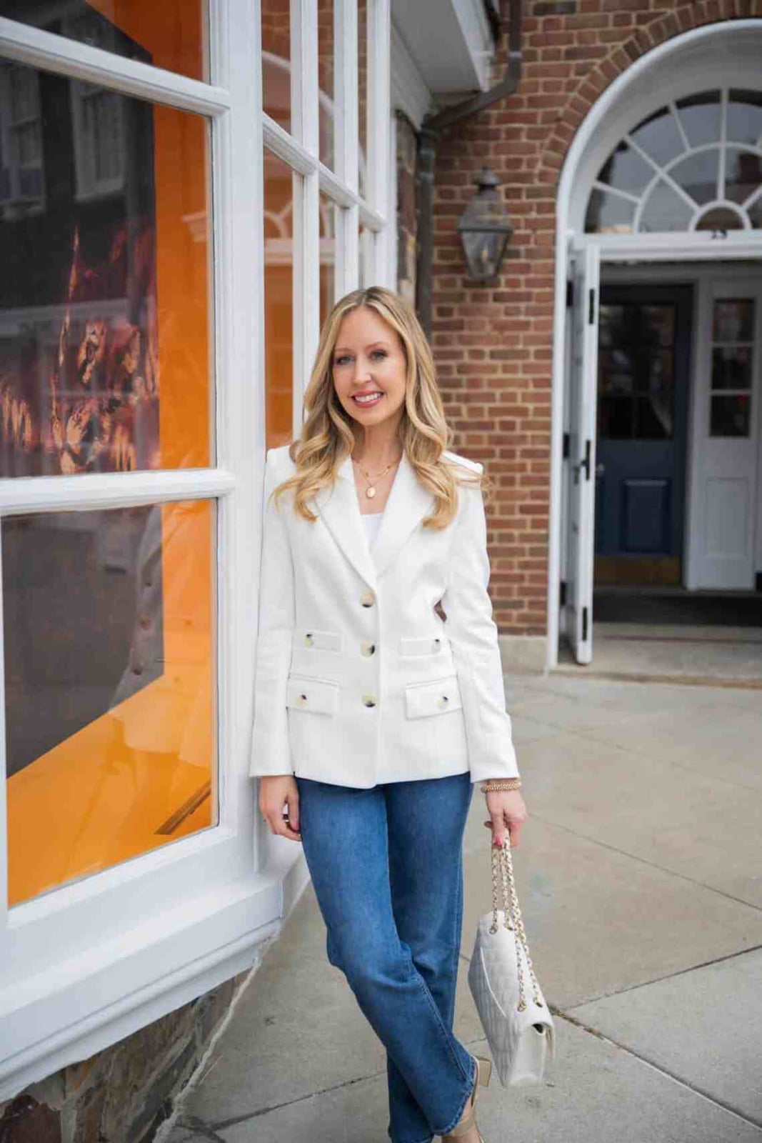 White Double-Breasted Blazer with Denim Jeans — Trendy Blazer Outfits