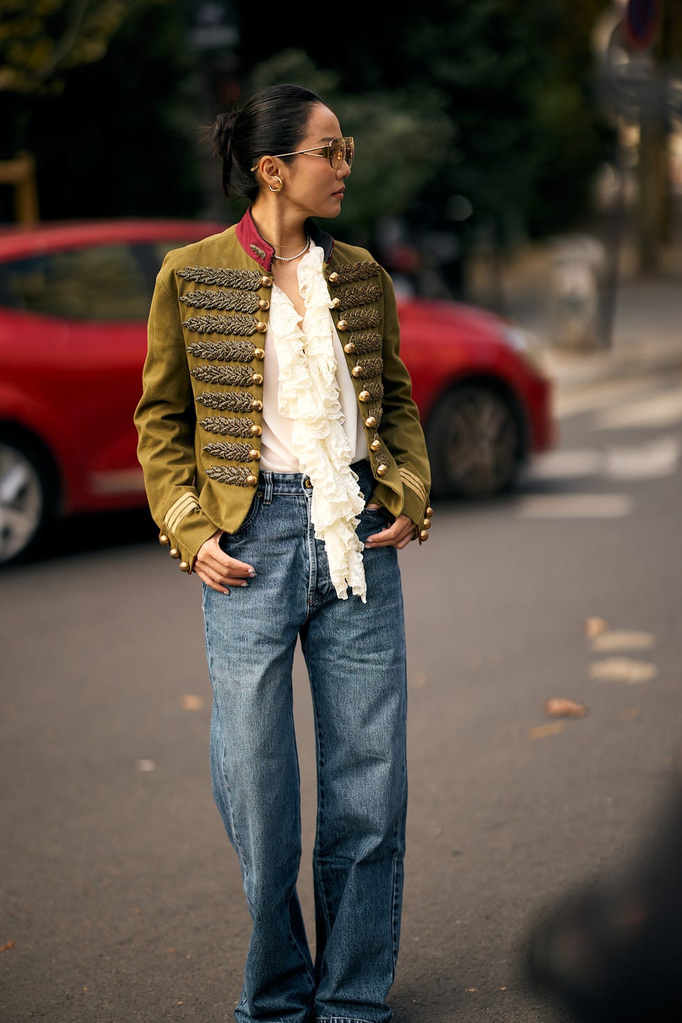 Olive Green Military Blazer with Ruffled Blouse and Jeans — Trendy Blazer Outfits