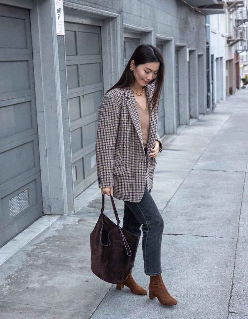 Oversized Checked Blazer with Straight Leg Jeans — Trendy Blazer Outfits