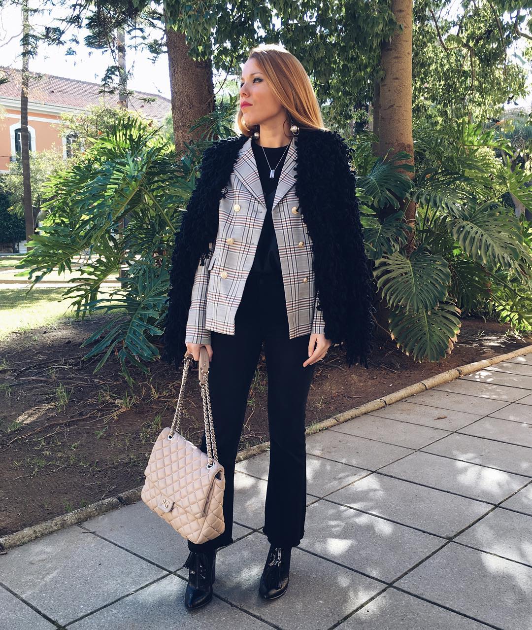 Grey Plaid Blazer Under Furry Jacket with Black Pants — Trendy Blazer Outfits