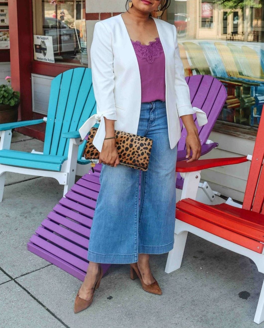 White Cropped Blazer with Purple Lace Camisole and Jeans — Trendy Blazer Outfits