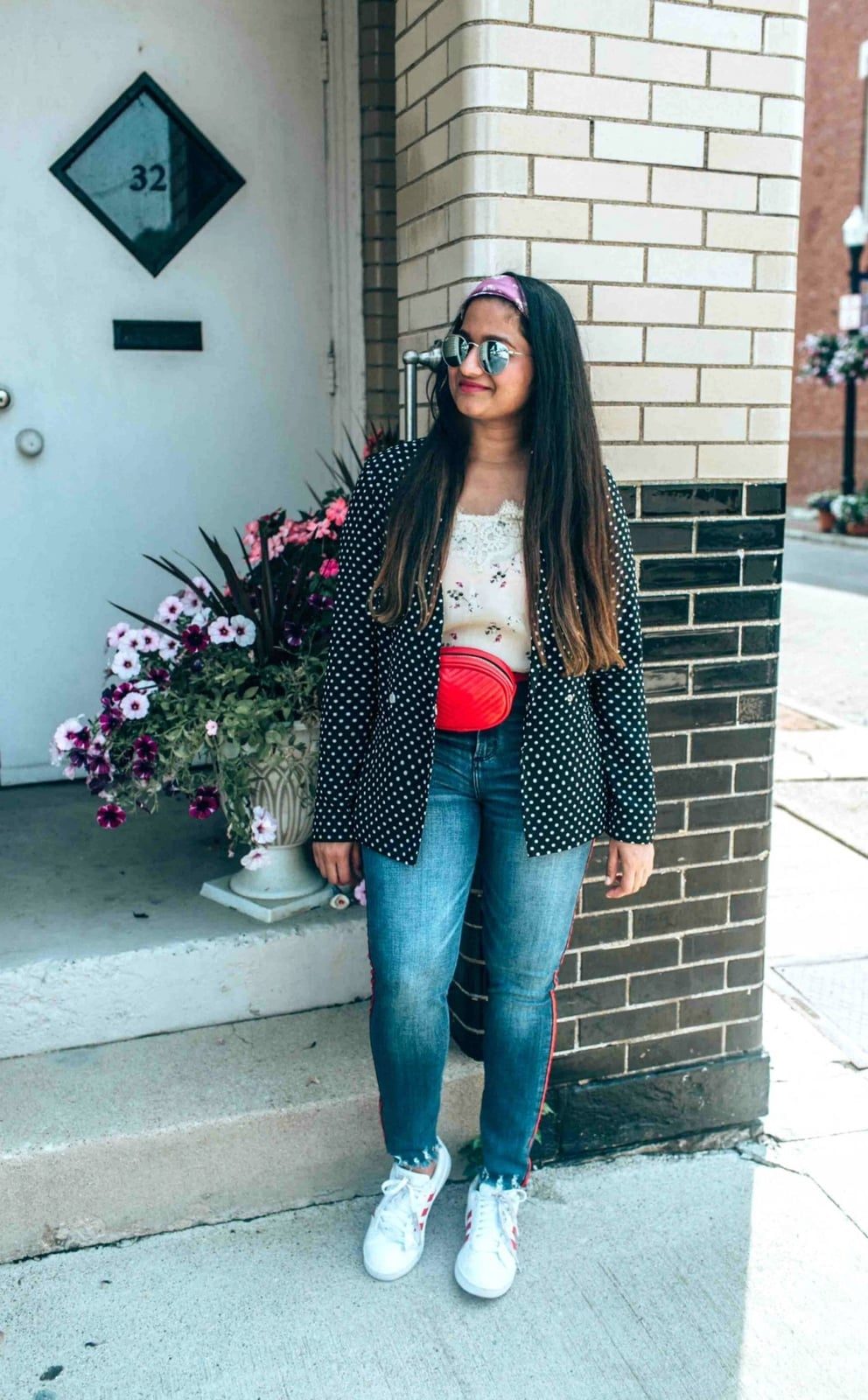 Black Polka Dot Blazer with Fanny Pack and Sneakers — Trendy Blazer Outfits