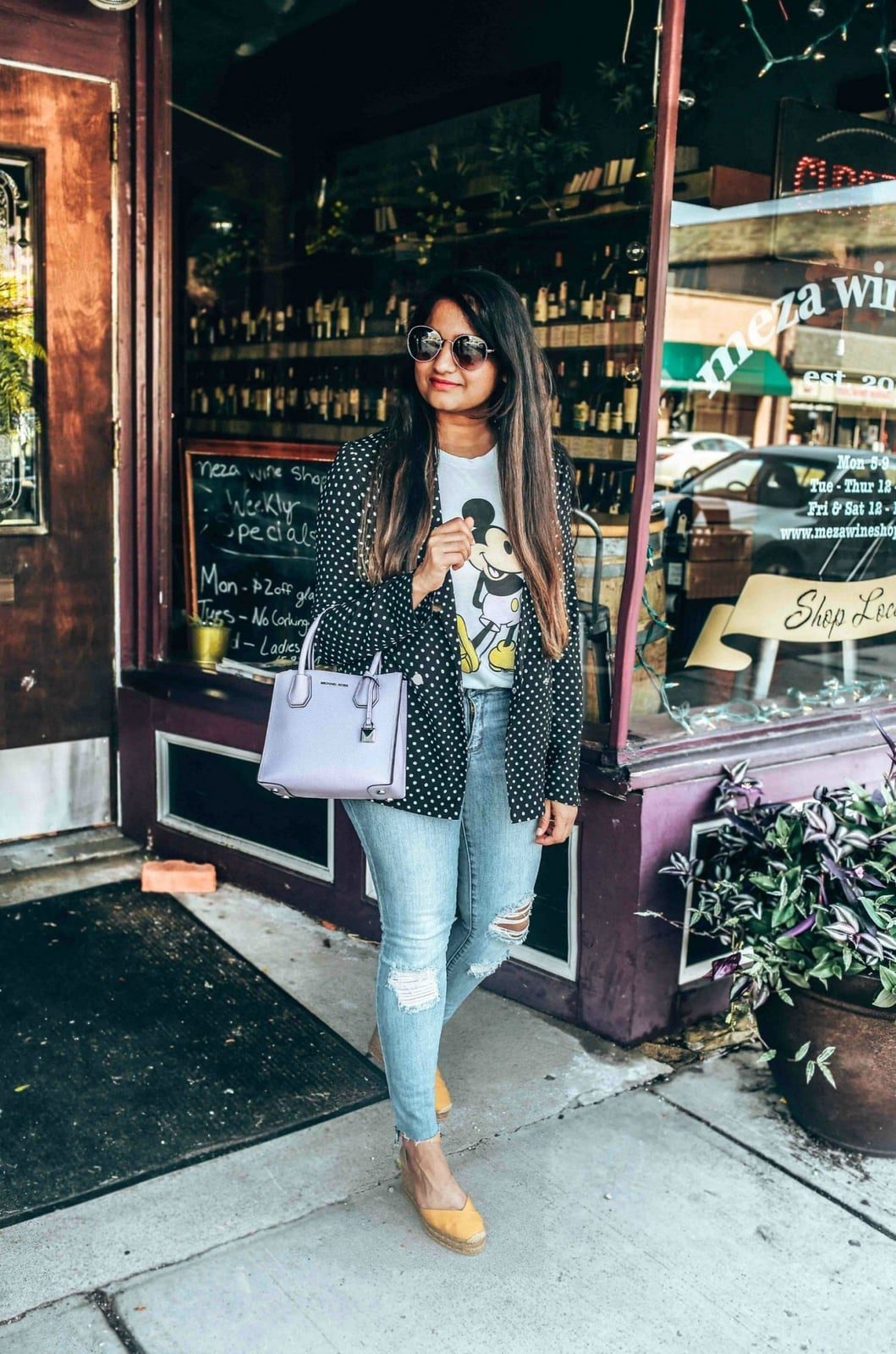 Black Polka Dot Blazer with Graphic T-Shirt and Ripped Jeans — Trendy Blazer Outfits