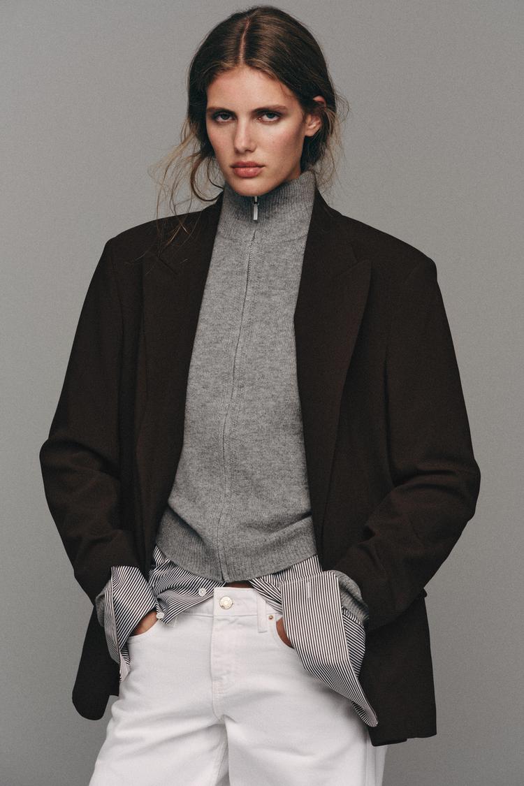 Dark Brown Oversized Blazer with Zip-Up Sweater and White Pants — Trendy Blazer Outfits