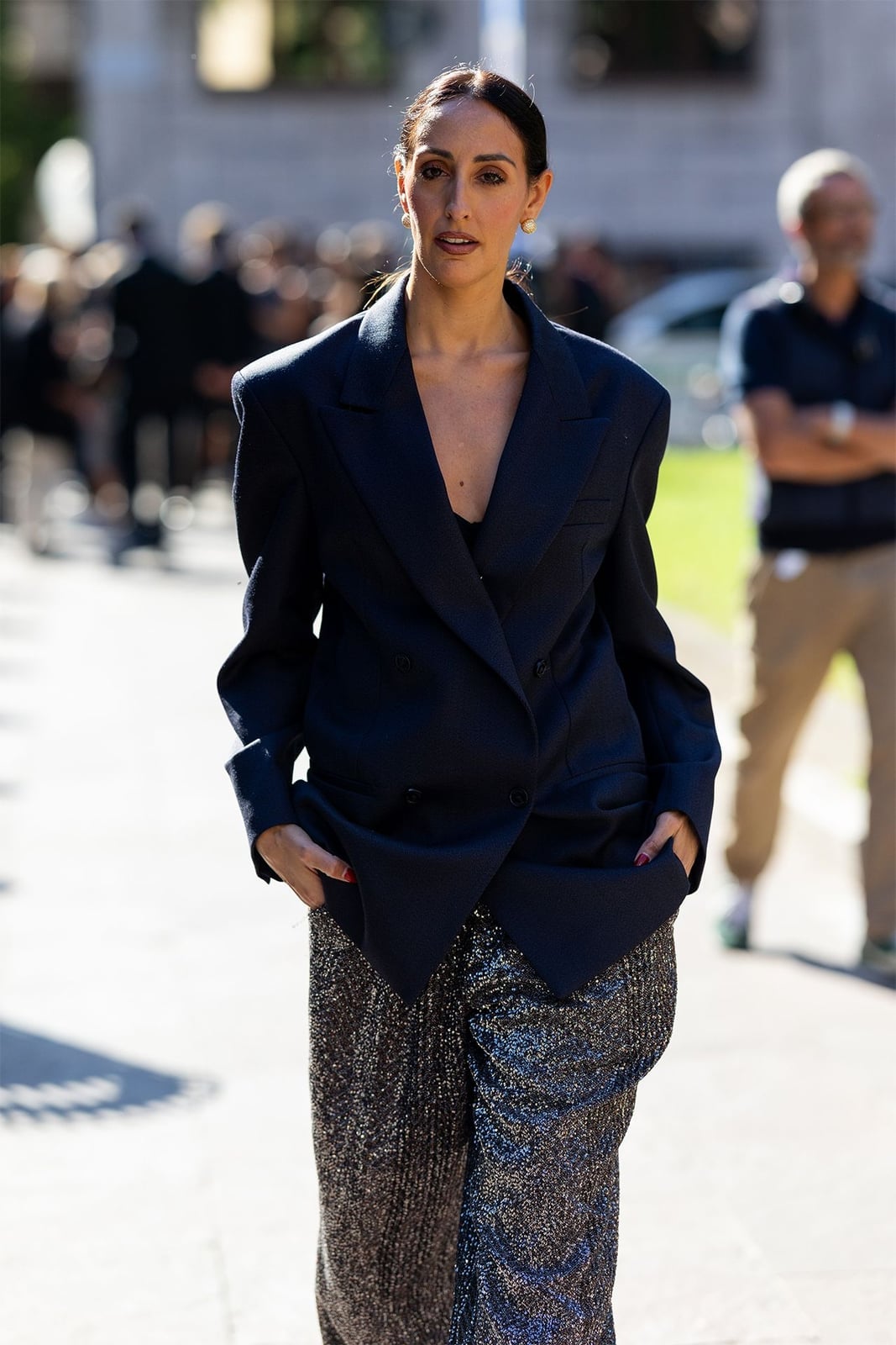 Navy Oversized Blazer with Silver Sequined Trousers — Trendy Blazer Outfits