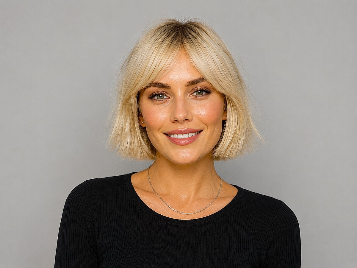 Platinum Bob With Curtain Bangs Blowout — Trendy Blonde Bob