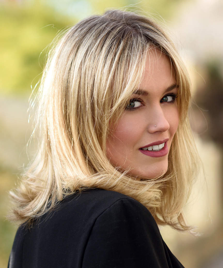 Honey Blonde Balayage Lob With Classic Bangs — Trendy Blonde Hairstyles