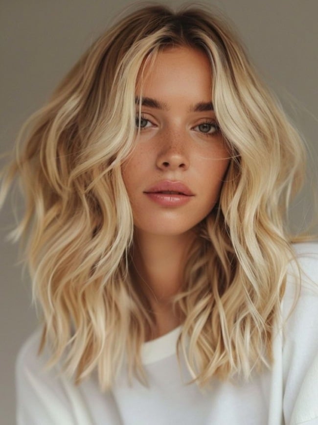 Champagne Blonde Lob With Beach Waves — Trendy Blonde Lob