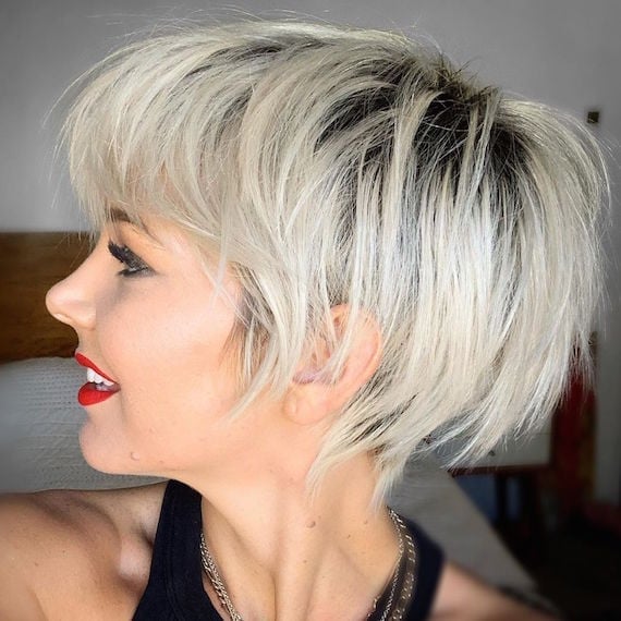 Platinum Choppy Pixie With Dark Roots Platinum Choppy Pixie With Dark Roots — Trendy Blonde Short Hair