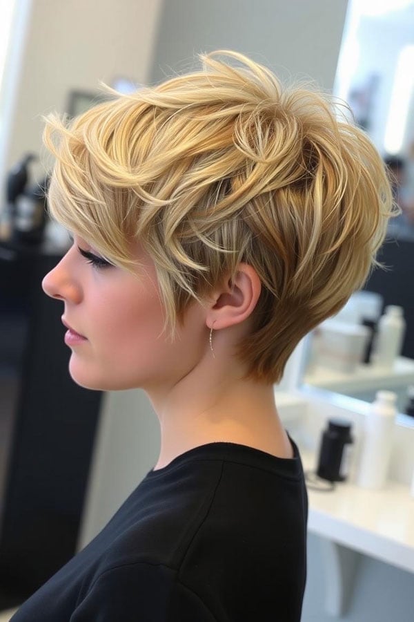 Golden Blonde Tousled Pixie With Highlights Golden Blonde Tousled Pixie With Highlights — Trendy Blonde Short Hair