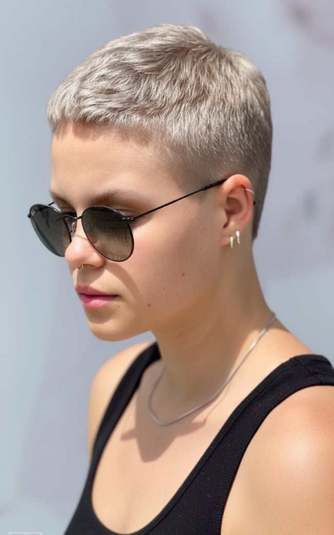 Ash Blonde Sleek Buzz Cut Ash Blonde Sleek Buzz Cut — Trendy Blonde Short Hair