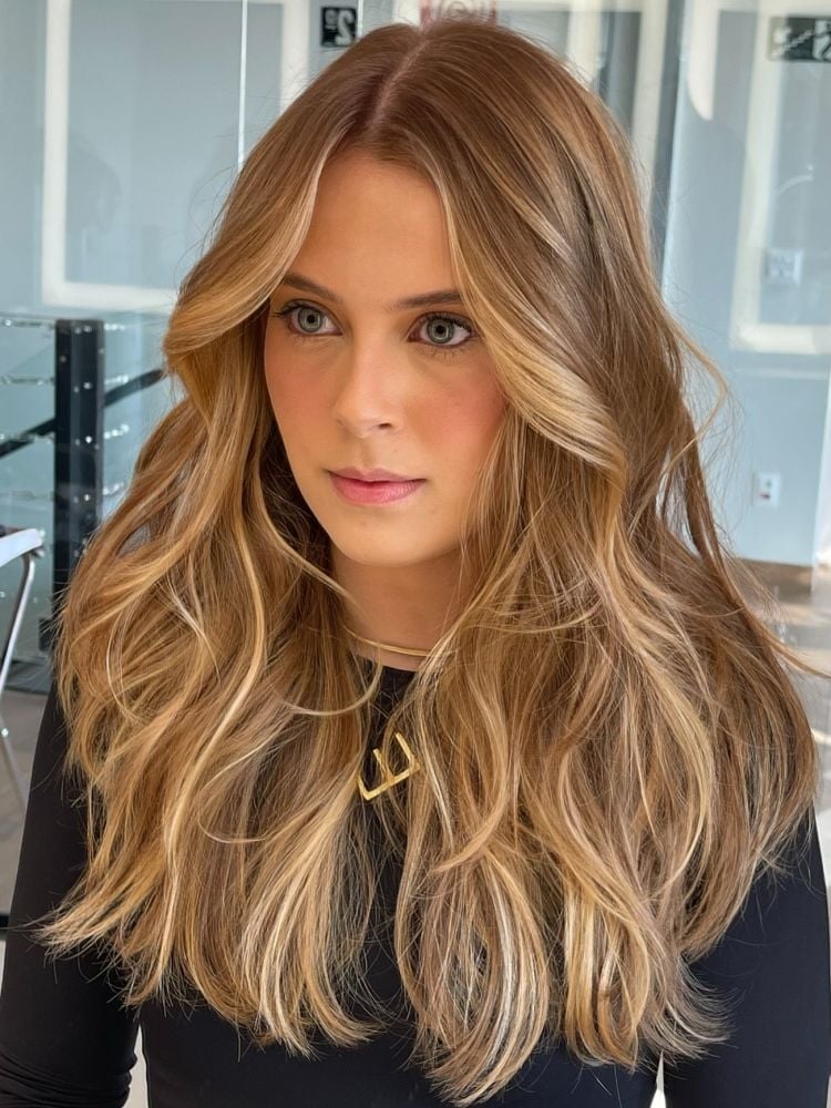Mid-Back Honey Blonde With Dimensional Highlights Mid-Back Honey Blonde With Dimensional Highlights — Trendy Blonde Wavy Hair