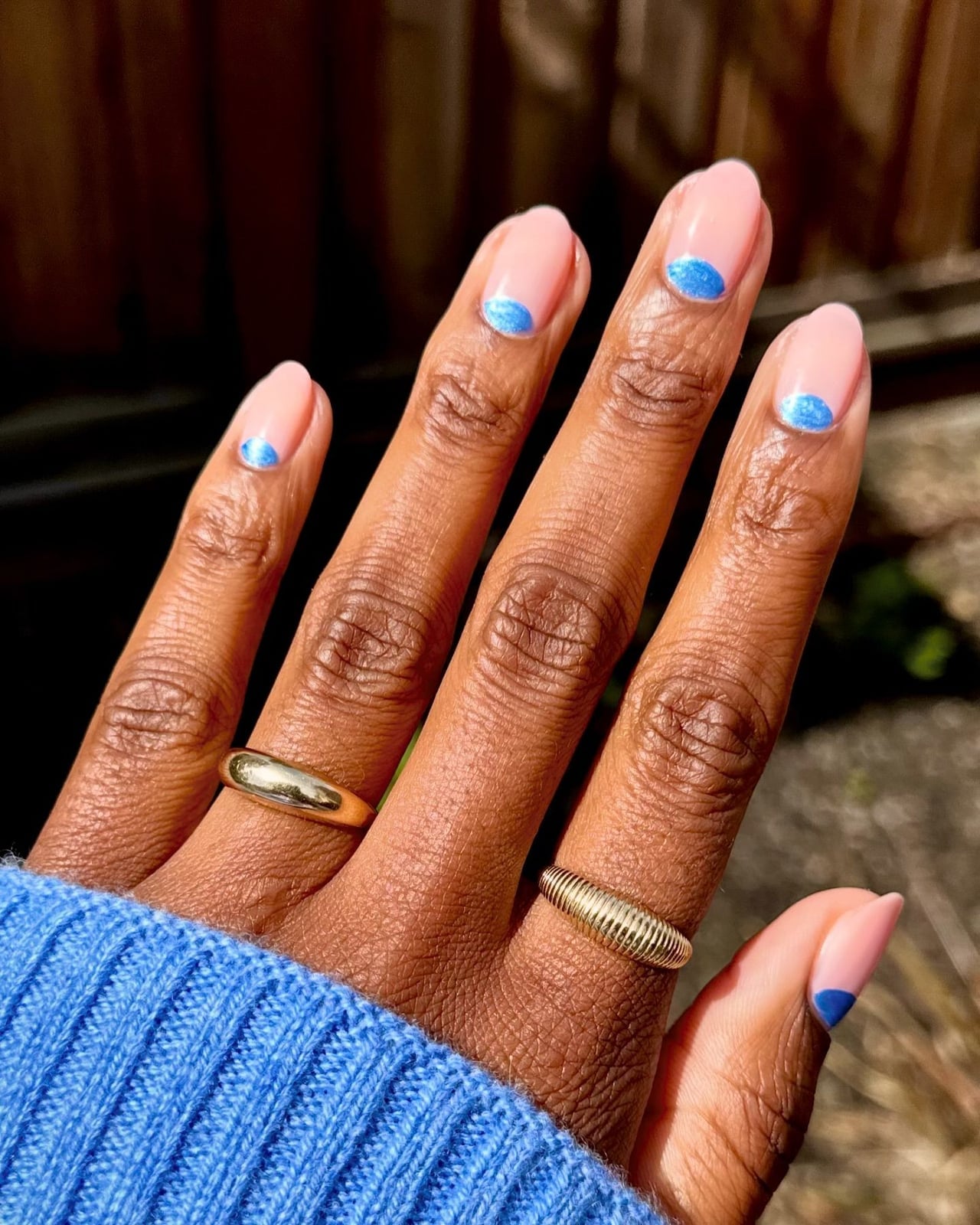 Short Oval Blue Half Moon Nails Short Oval Blue Half Moon Nails — Trendy Blue Acrylic Nails