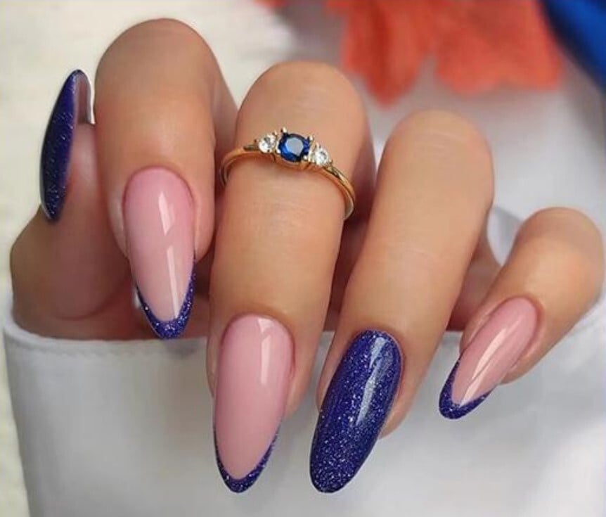 Long Almond Pink Nude Blue Glitter French Long Almond Pink Nude Blue Glitter French — Trendy Blue Acrylic Nails