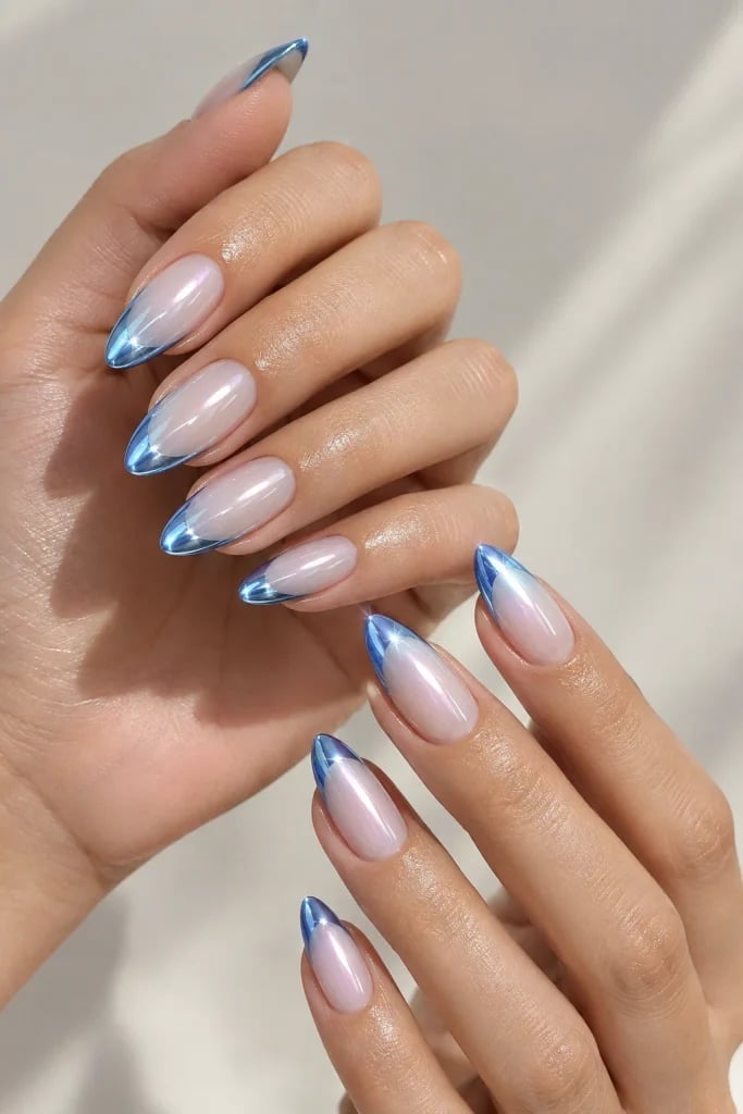 Long Almond Metallic Blue Chrome French Tips Long Almond Metallic Blue Chrome French Tips — Trendy Blue Acrylic Nails