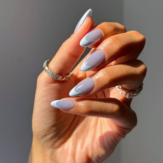 Medium Almond Soft Blue French Manicure Medium Almond Soft Blue French Manicure — Trendy Blue Acrylic Nails