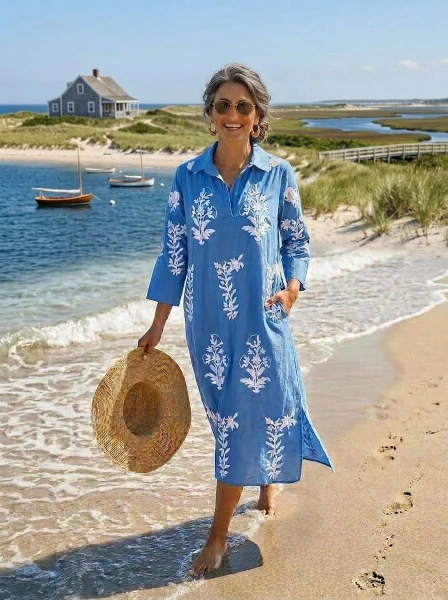 Embroidered Blue Cotton Dress with White Floral Detail — Trendy Blue and White Outfits