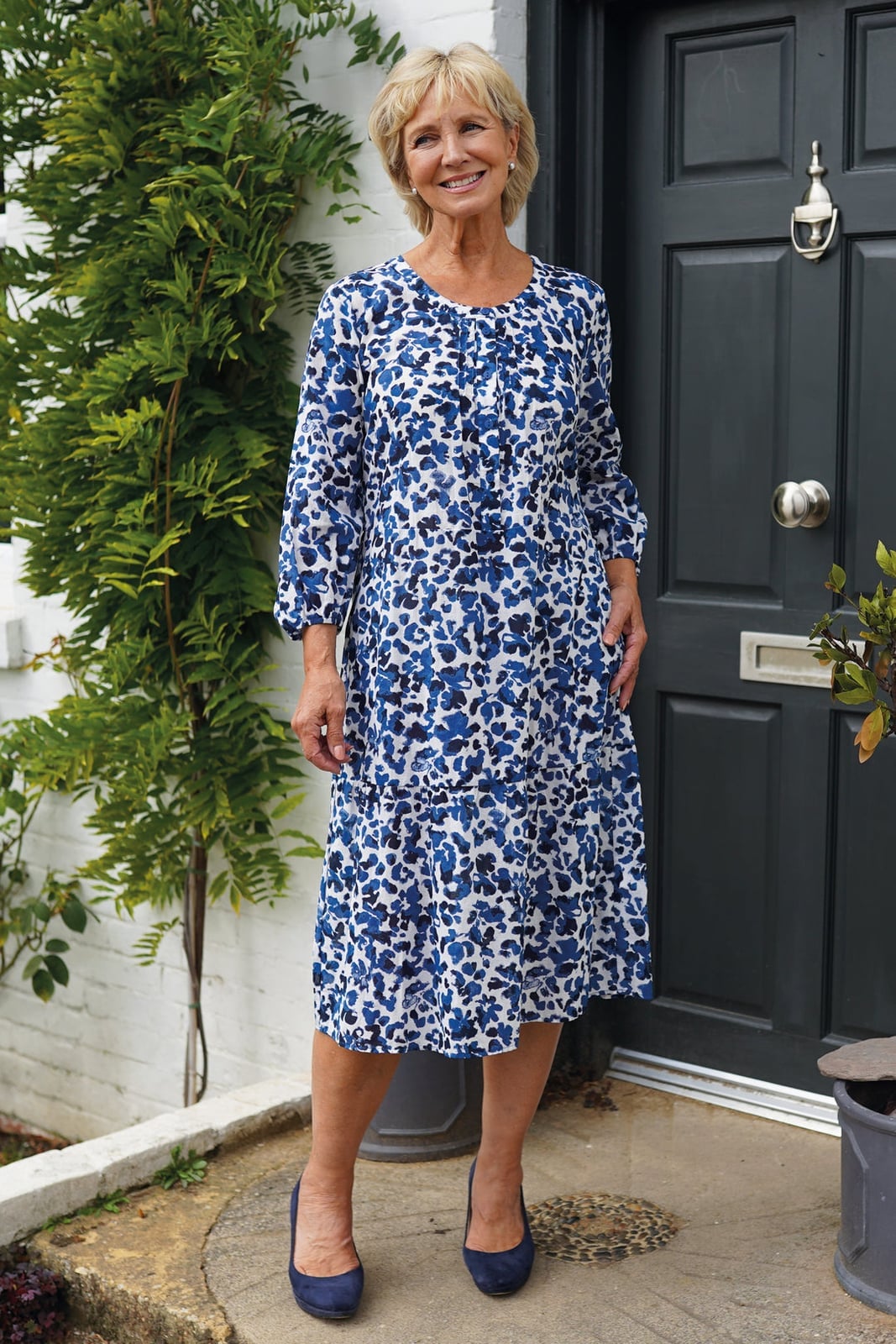 Blue and White Abstract Print Tiered A-Line Dress — Trendy Blue and White Outfits