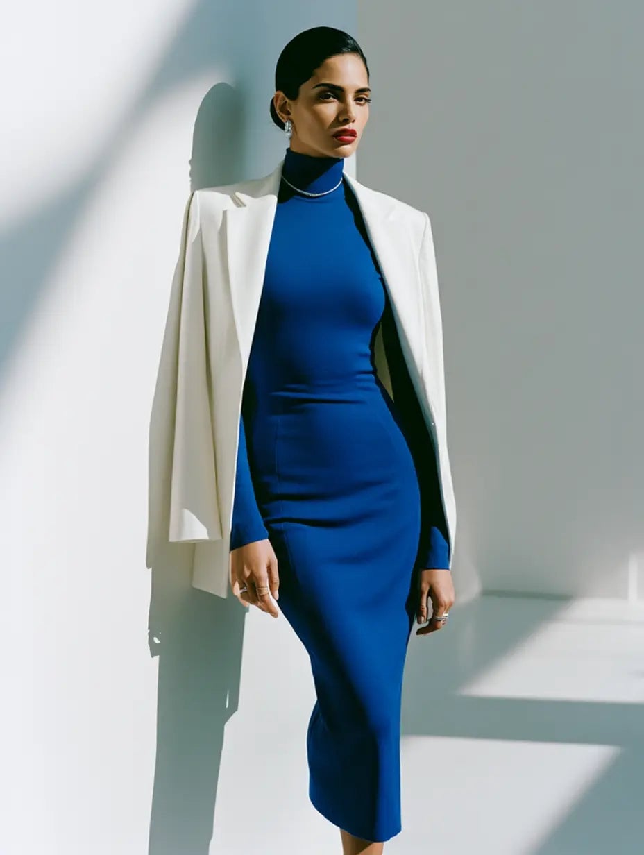 Royal Blue Turtleneck Dress with White Blazer — Trendy Blue and White Outfits