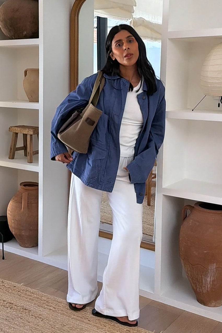Blue Oversized Jacket Over White T-Shirt and Trousers — Trendy Blue and White Outfits