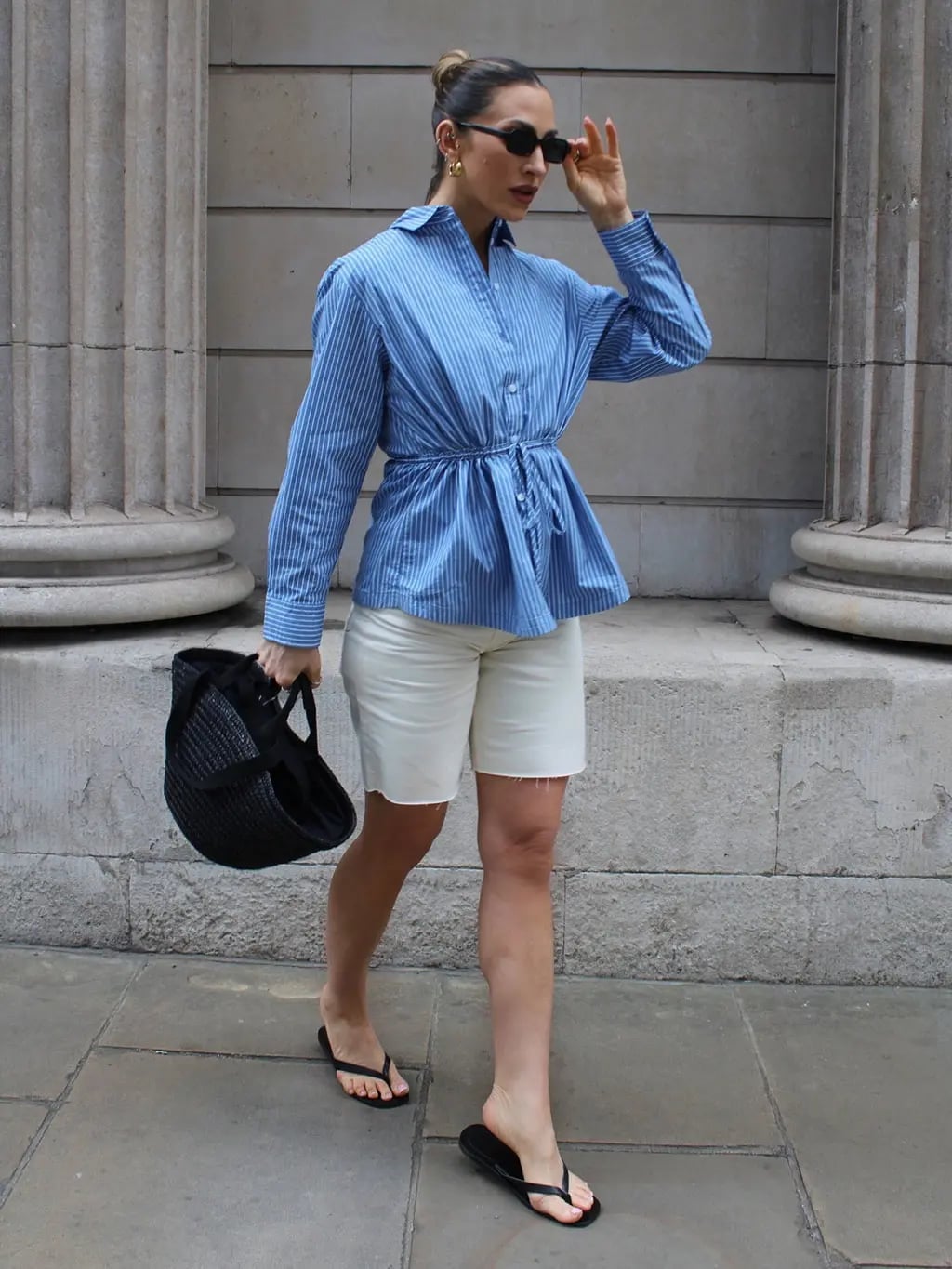 Striped Cinched Waist Shirt with White Bermuda Shorts — Trendy Blue and White Outfits