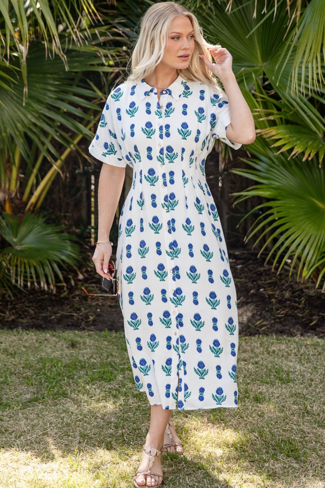 White Midi Dress with Blue and Green Floral Print and Fitted Waist — Trendy Blue and White Outfits