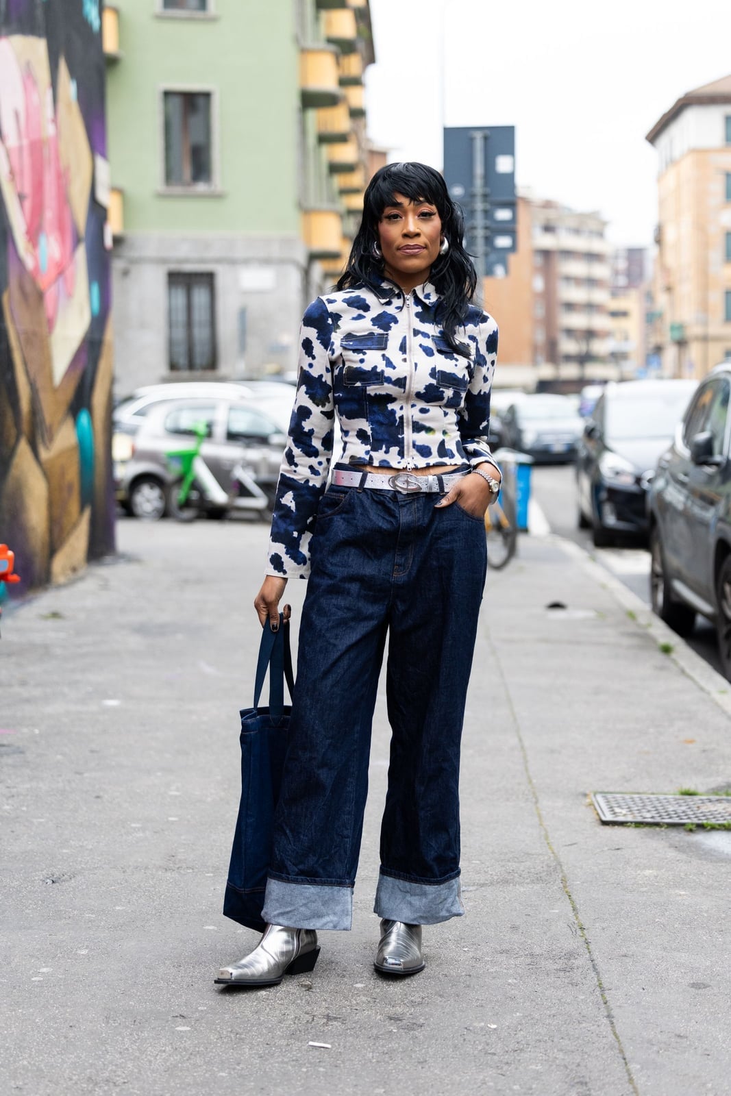 Bold Dark Blue Wide Leg Jeans with Cow Print, Office-Safe Version — Trendy Blue Jeans Outfits