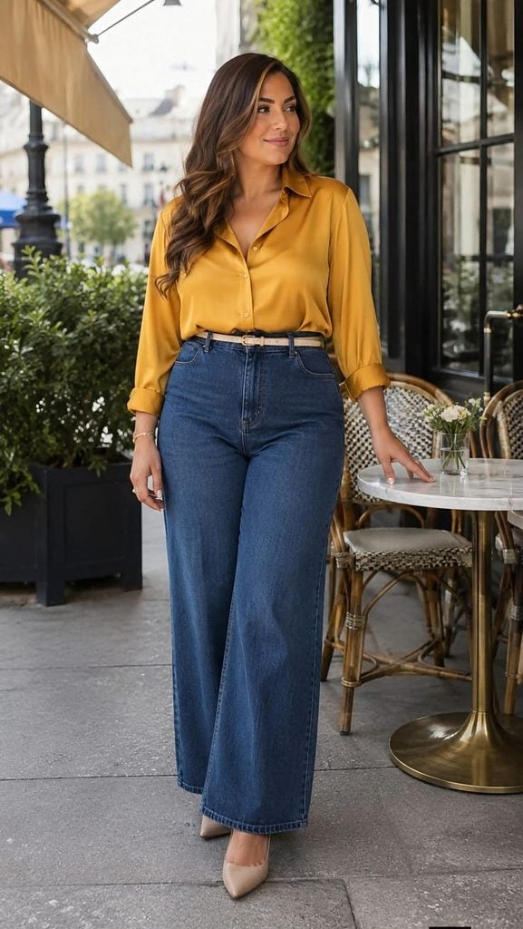 Smart Casual Dark Blue Wide Leg Jeans with Mustard, Close-Up Take — Trendy Blue Jeans Outfits