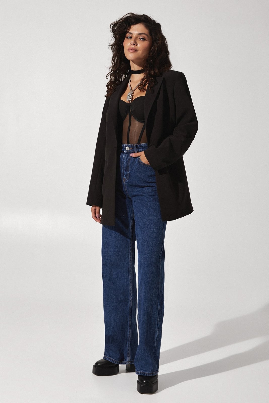 Edgy Casual Dark Wash Wide Leg Jeans with Sheer Bodysuit — Trendy Blue Jeans Outfits