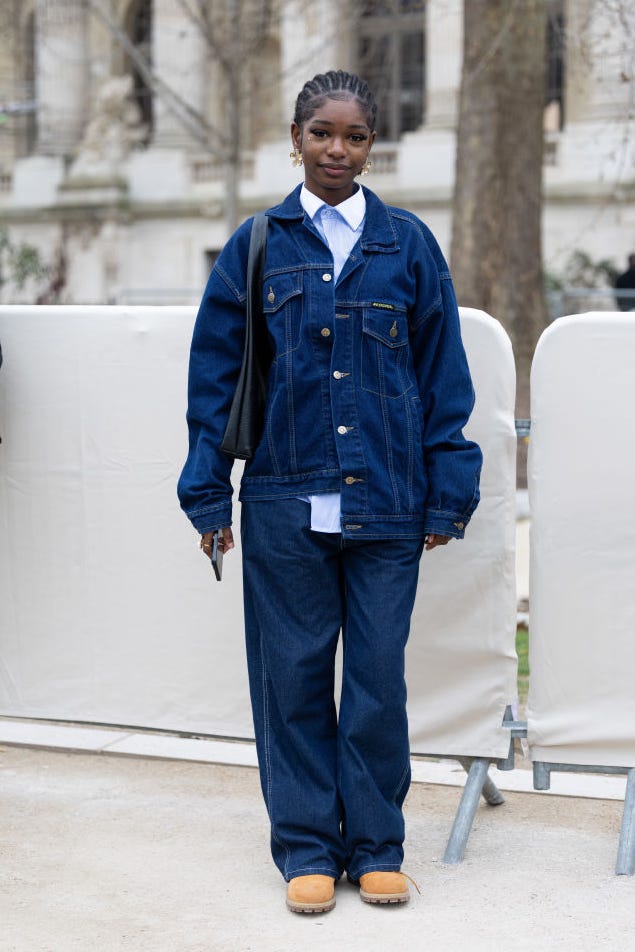 Full Denim Outfit with Baggy Dark Wash Jeans and Oversized Jacket — Trendy Blue Jeans Outfits