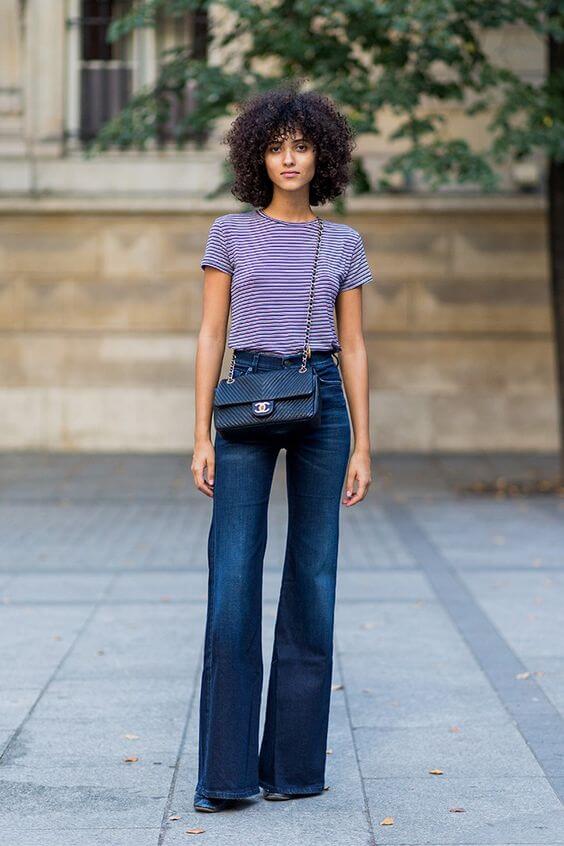 Casual Trendy Dark Blue Flare Jeans with Striped, Everyday Version — Trendy Blue Jeans Outfits