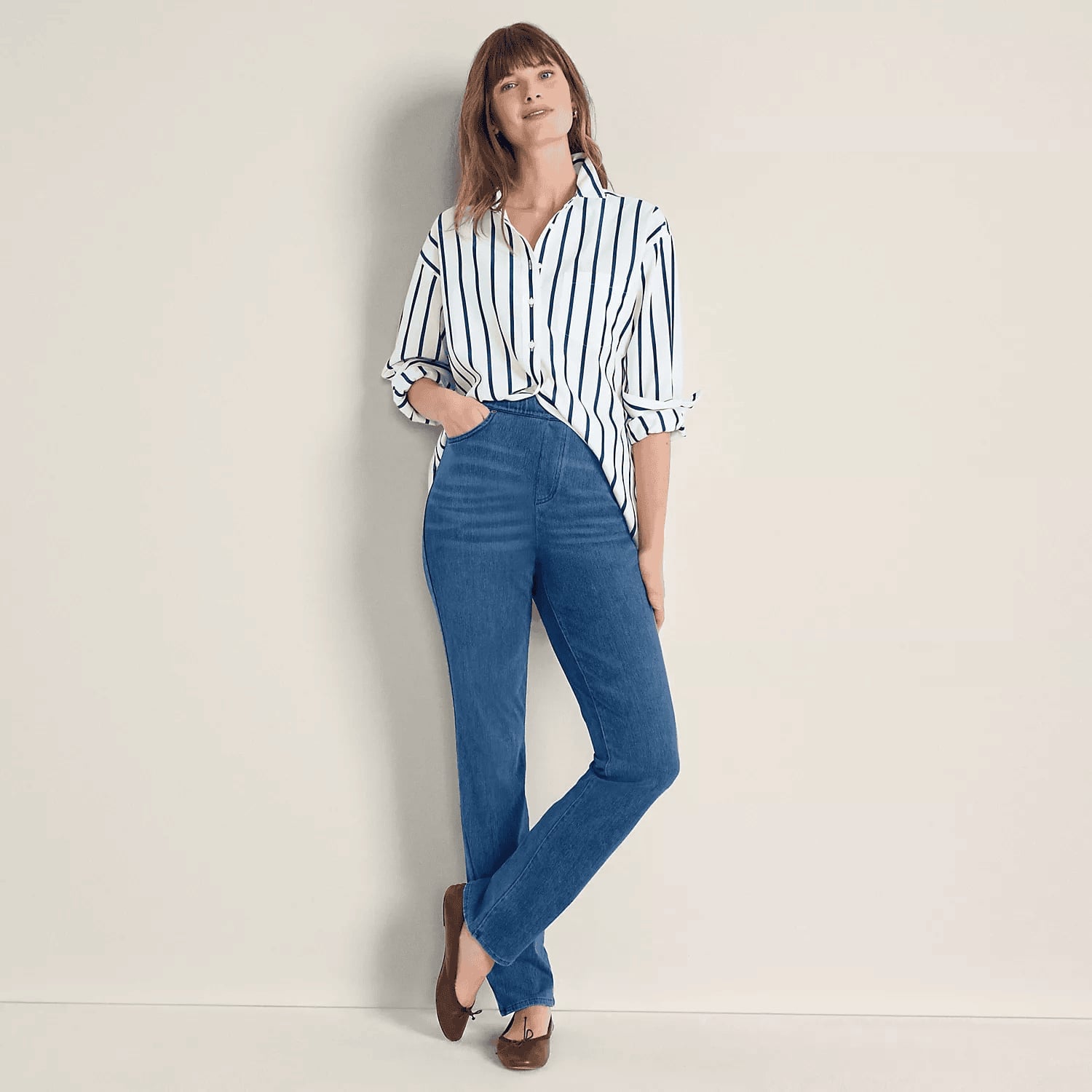 Casual Trendy High Waisted Straight Leg Blue, Office-Safe Version — Trendy Blue Jeans Outfits