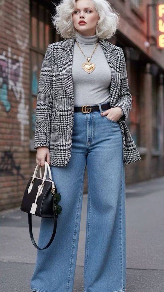 Trendy Wide Leg Jeans with Grey Turtleneck and Patterned Blazer — Trendy Blue Jeans Outfits